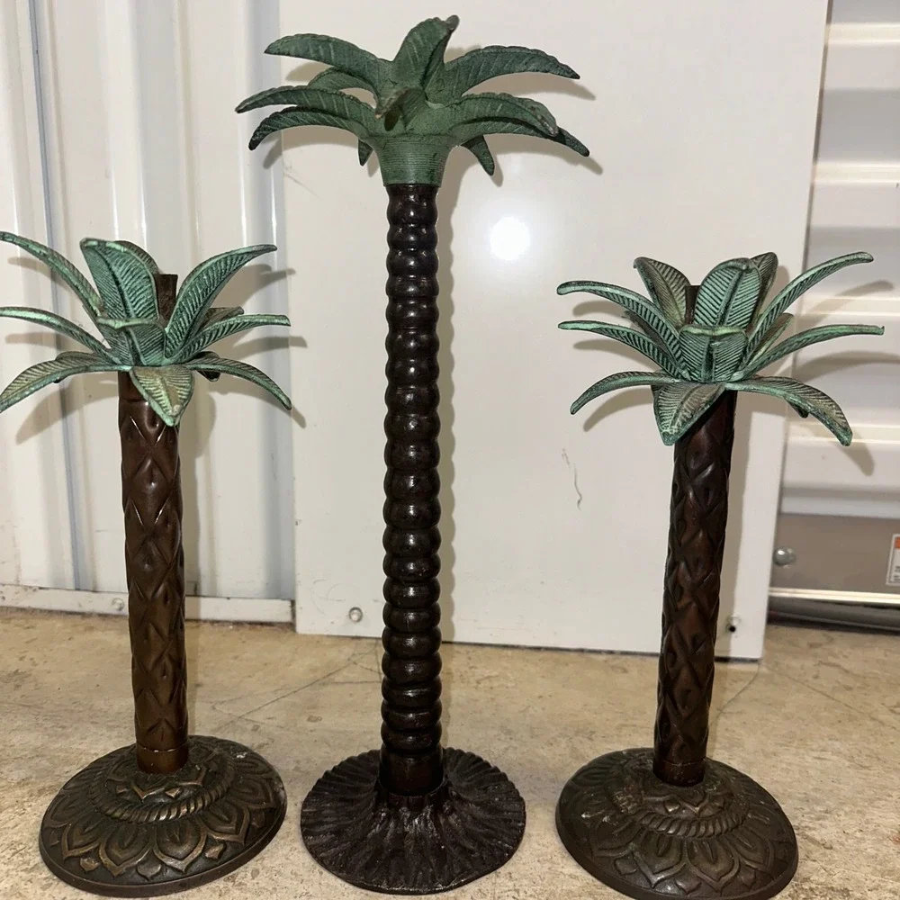 VTG Palm‎ Tree Candle Holders Set Brass 3 Bronze Metal Tropical Regency Decor